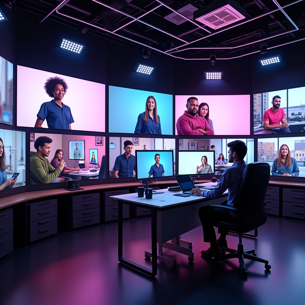 a futuristic video production studio with multiple screens displaying AI-generated videos, showing diverse demographics, vibrant colors, and dynamic motion graphics