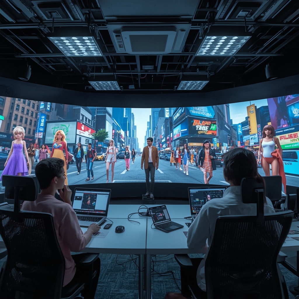 a futuristic AI video editing suite showing real-time rendering of personalized video content, featuring diverse AI-generated characters interacting in a digitally-created cityscape, vibrant colors, high detail, 8k quality