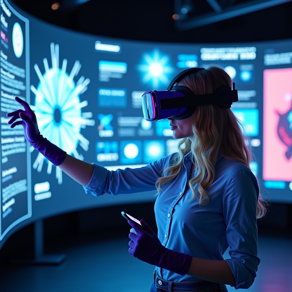 revolutionizing - futuristic virtual reality environment depicting a user interacting with a highly realistic brand story sim