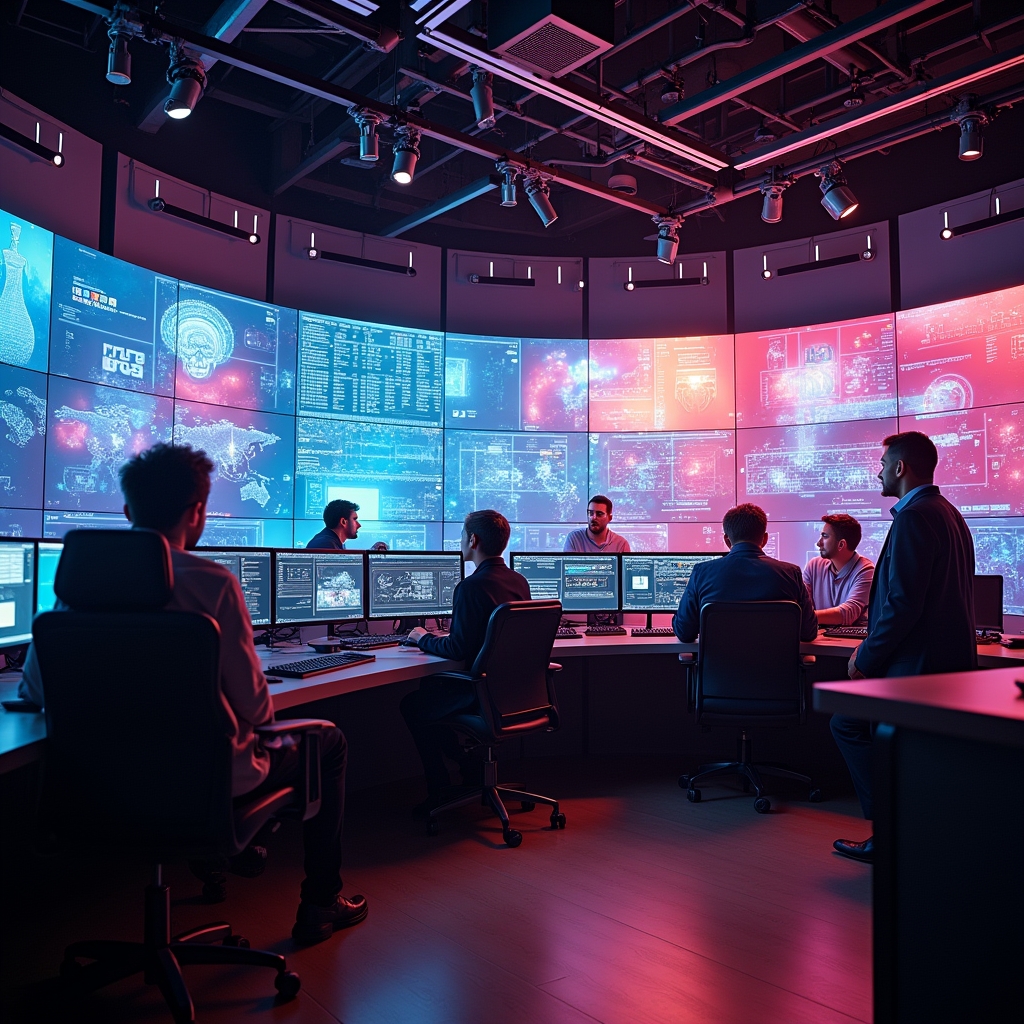 high-tech video production studio filled with advanced equipment, large monitors displaying AI software in action, a diverse team of creatives collaborating, vibrant, modern, ultra-realistic