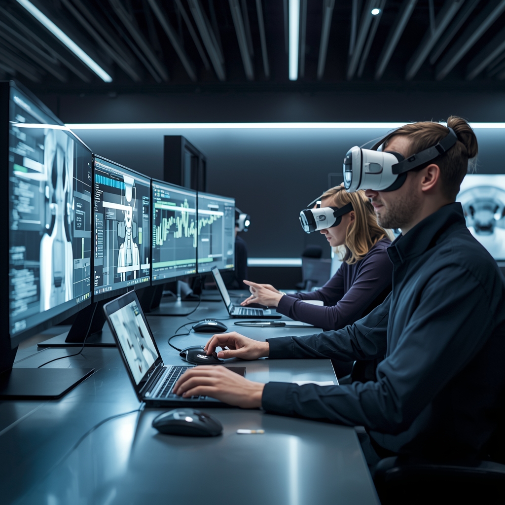 revolutionize - futuristic AI video editing suite with holographic displays, virtual reality interfaces, and creators wearing