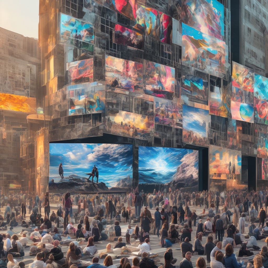 revolutionize - engaged audience watching a dynamic, AI-generated video on large digital screens, experiencing customized int