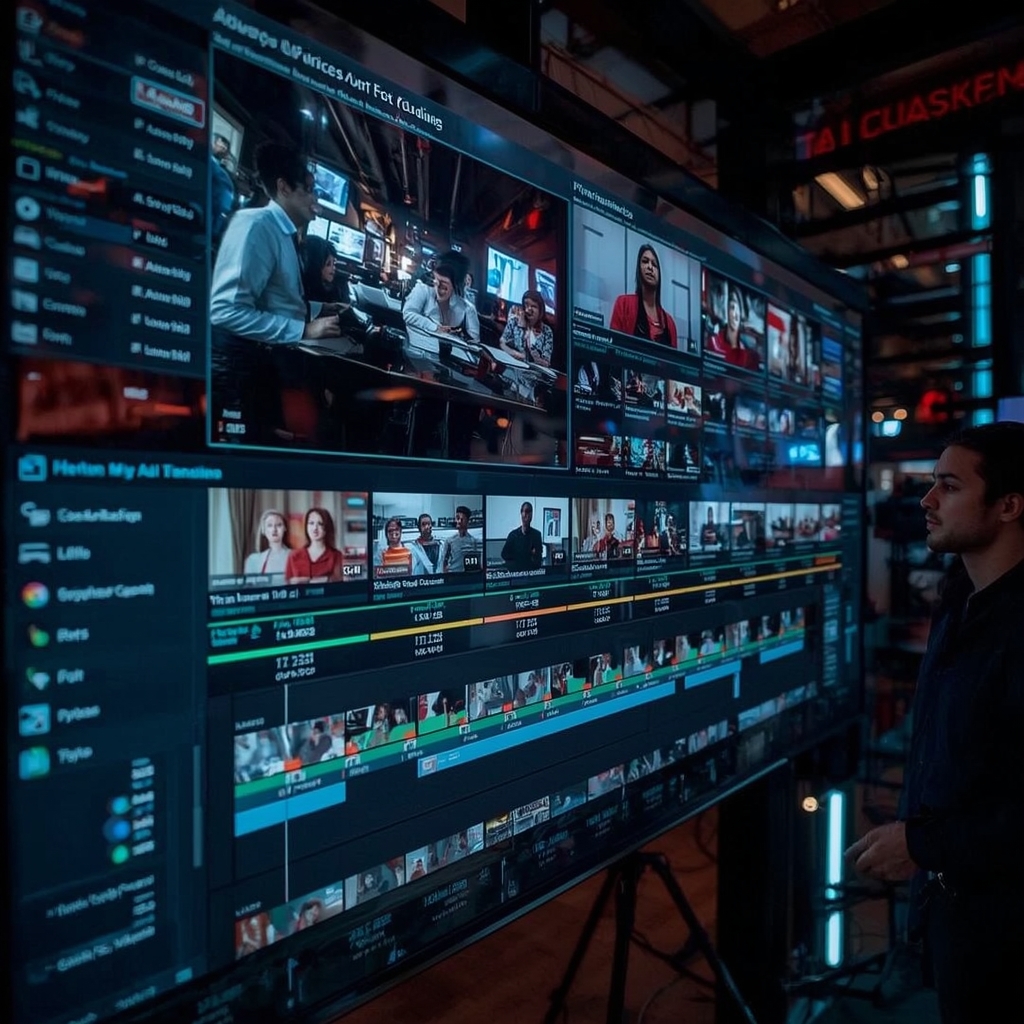 A detailed visualization of AI video personalization in action: a digital screen displaying multiple video editing timelines with AI algorithms adjusting content for different audience segments, vibrant and dynamic interface, high-tech environment