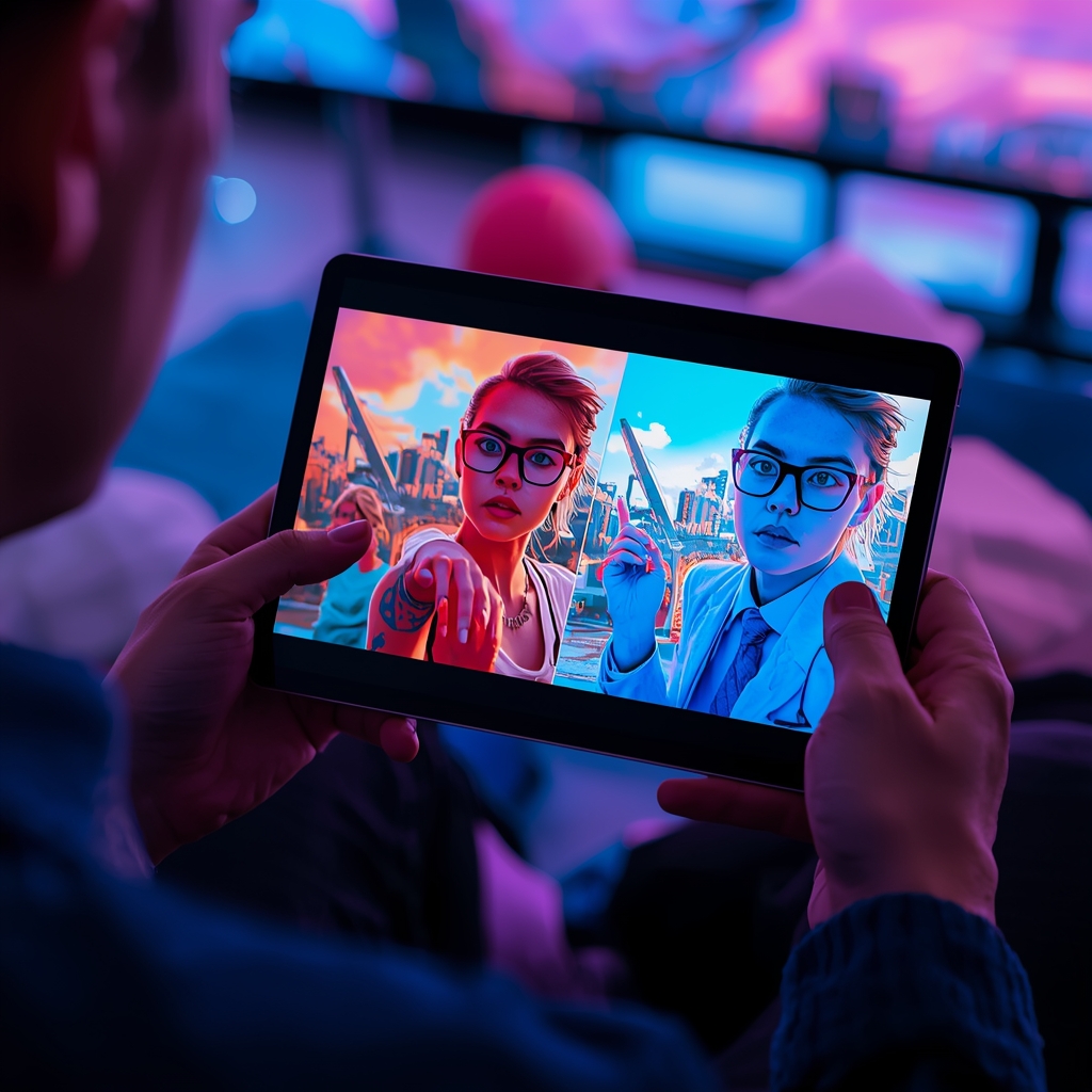 revolutionizing - An influencer reviewing generative AI video content on a tablet, showing a split screen with original foota
