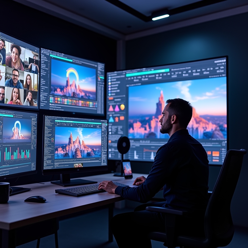 revolutionizing - A futuristic setup of a live stream studio where AI is personalizing video content in real-time: multiple s