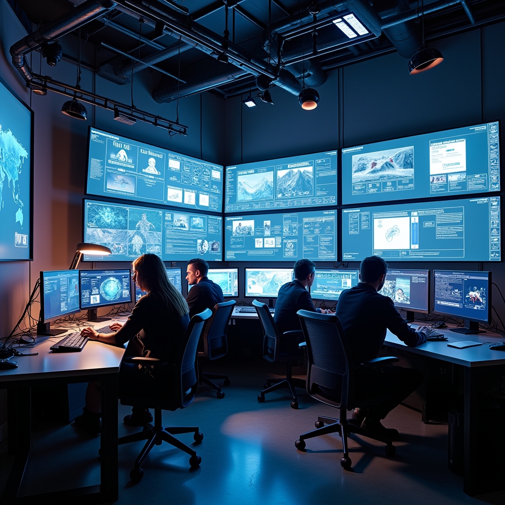 A futuristic video production studio filled with advanced AI tools, including large screens displaying AI-generated content, creators collaboratively working in a high-tech environment, ambient lighting, and a pervasive sense of innovation and technology