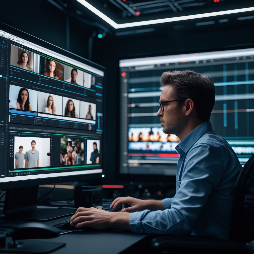 revolutionizing - An editor working on a sophisticated AI-powered editing suite, displaying multiple video timelines and AI s