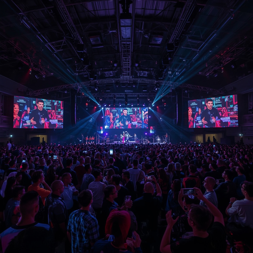 revolutionizing - A live event being enhanced with real-time AI video generation, showing a large audience engaged with perso
