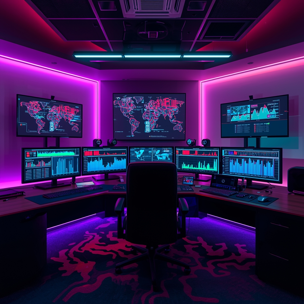 a high-tech video editing suite with multiple screens displaying AI tools and graphs, vibrant colors, modern design, 8k quality