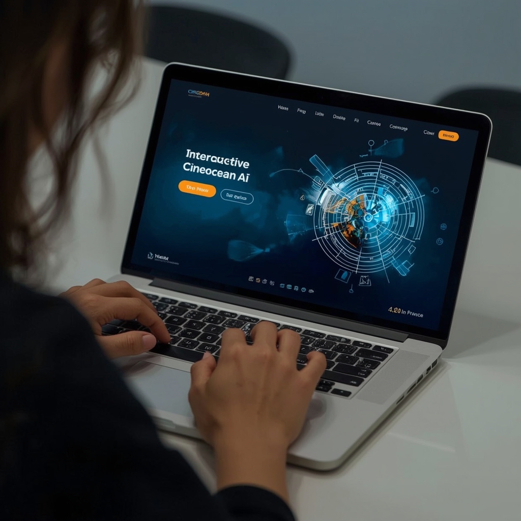 revolutionizing - interactive online tutorial on a laptop screen, showing Cineocean AI interface, hands typing, modern, clean