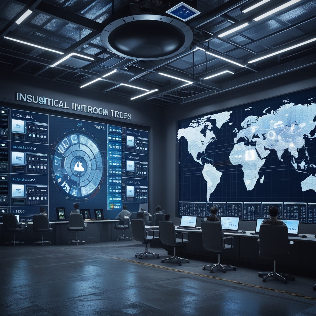 revolutionizing - futuristic control room with large digital screens displaying global digital content trends, operators anal