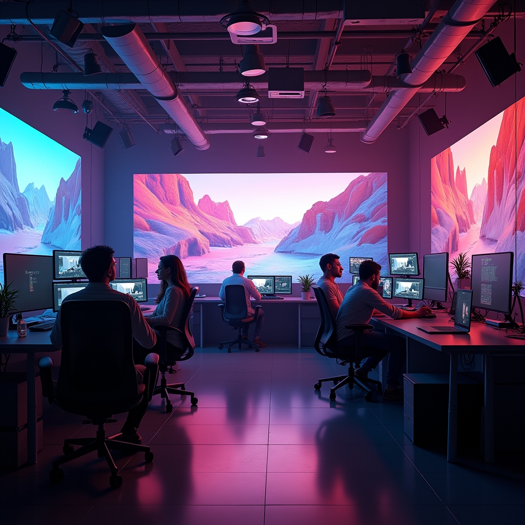A high-tech video production studio filled with advanced AI technology, showcasing large screens displaying AI-generated video content, modern gadgets, and a diverse team of creators collaboratively working, vibrant, ultra-realistic, 8k quality