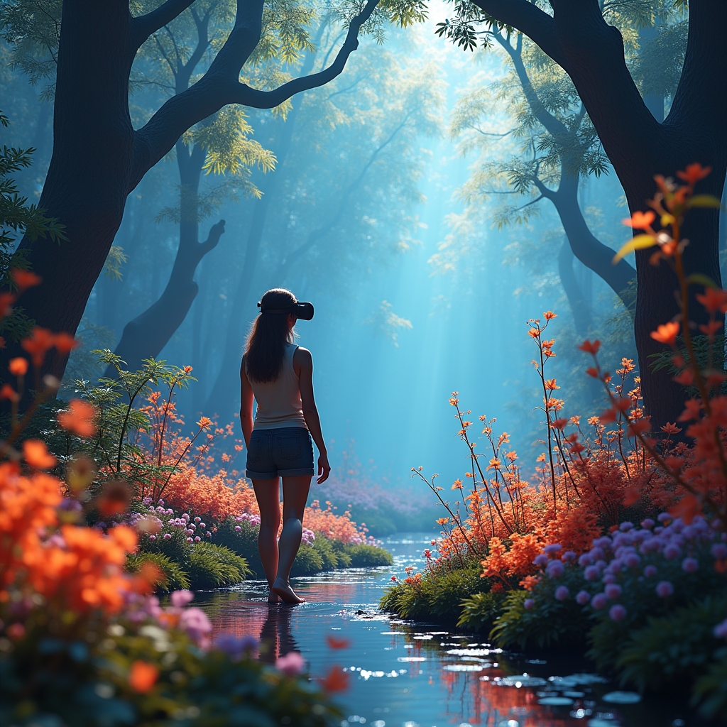 revolutionizing - Interactive VR experience showing a user immersed in a virtual world, exploring a digitally created forest