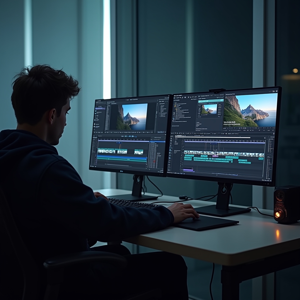 revolutionizing - Video editing suite with dual monitors displaying AI-assisted editing software, showing timelines and video