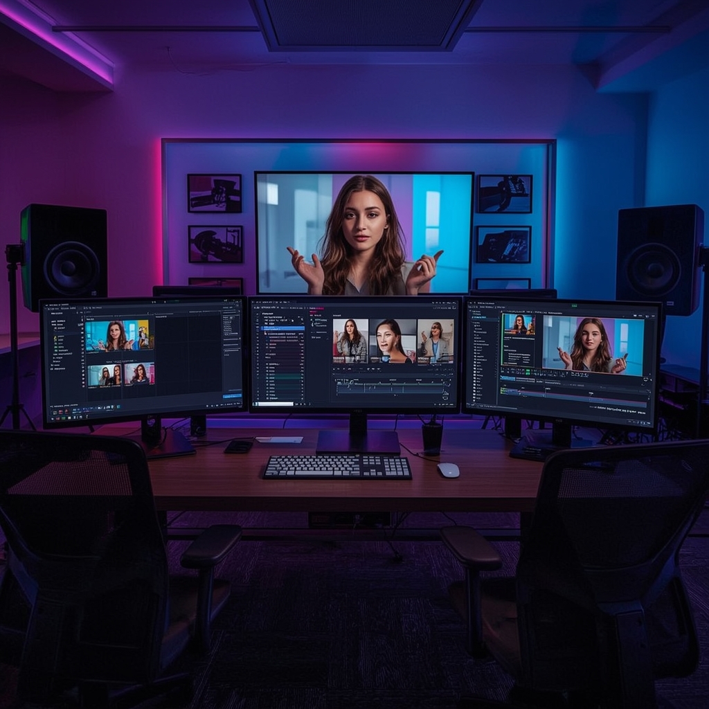 a modern video editing suite with multiple screens displaying advanced AI tools, showcasing real-time editing and personalization of influencer marketing videos, vibrant and tech-savvy atmosphere