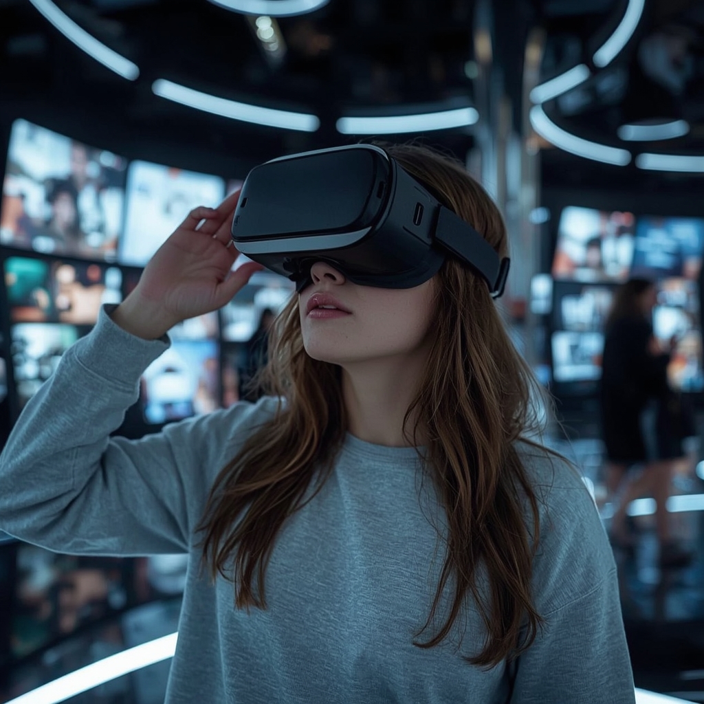 unleashing - futuristic virtual reality environment with interactive, personalized marketing content, engaging users in a ful