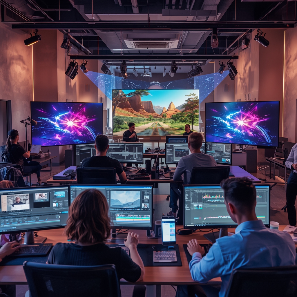 A bustling creative studio in 2026 utilizing AI video production tools, showcasing diverse teams working on holographic editing interfaces, with vibrant, dynamic screens displaying cutting-edge video effects, in a modern, well-lit environment