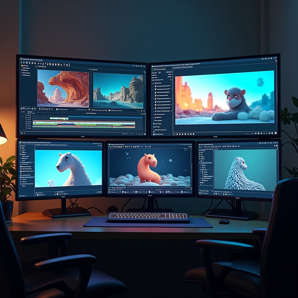 unlocking - A selection of AI video production software displayed on multiple screens, each showcasing different capabilities