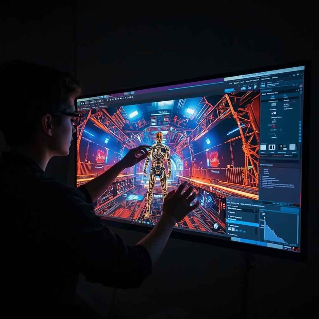 unlocking - Futuristic AI video production showing an artist creating advanced visual effects with gesture-controlled interfa