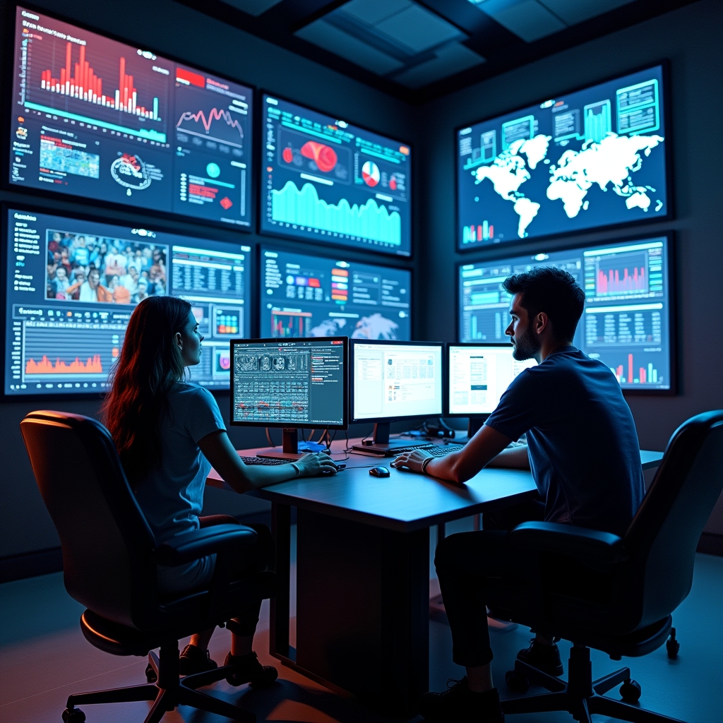 futuristic AI video editing suite with multiple screens displaying data analytics, personalized content adaptation in action, vibrant colors, high-tech environment, detailed and photorealistic, 8k quality