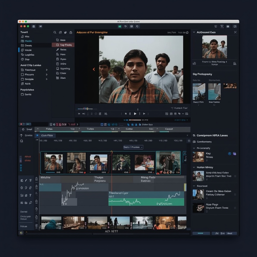 AI-powered video editing software interface, featuring advanced tools and filters, user-friendly layout, modern design, engag