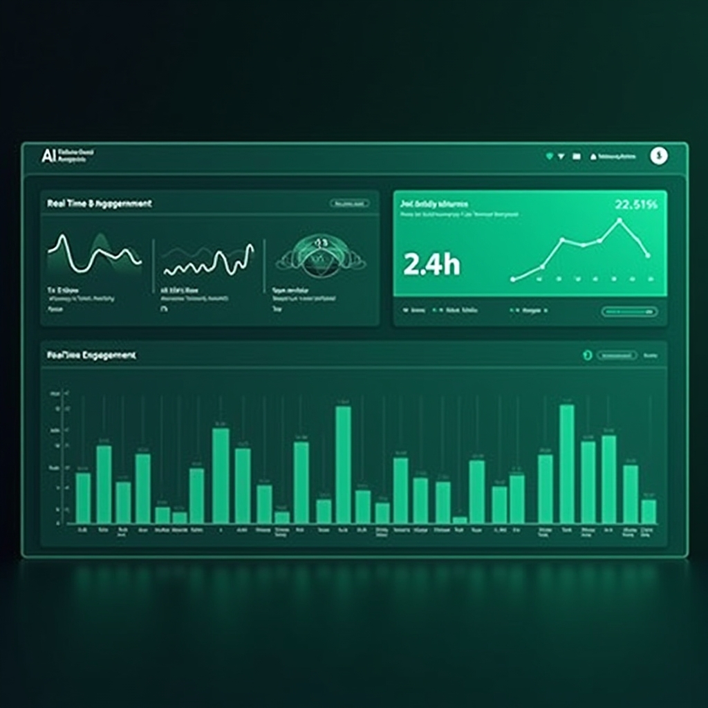 sophisticated AI video analytics dashboard showing real-time engagement data, eco-friendly green and blue color scheme, minim