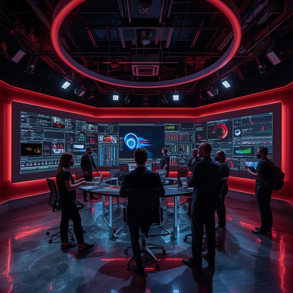 sleek, high-tech video production studio with AI interfaces displaying data analytics and video editing tools, vibrant screens, modern design, high-end technology