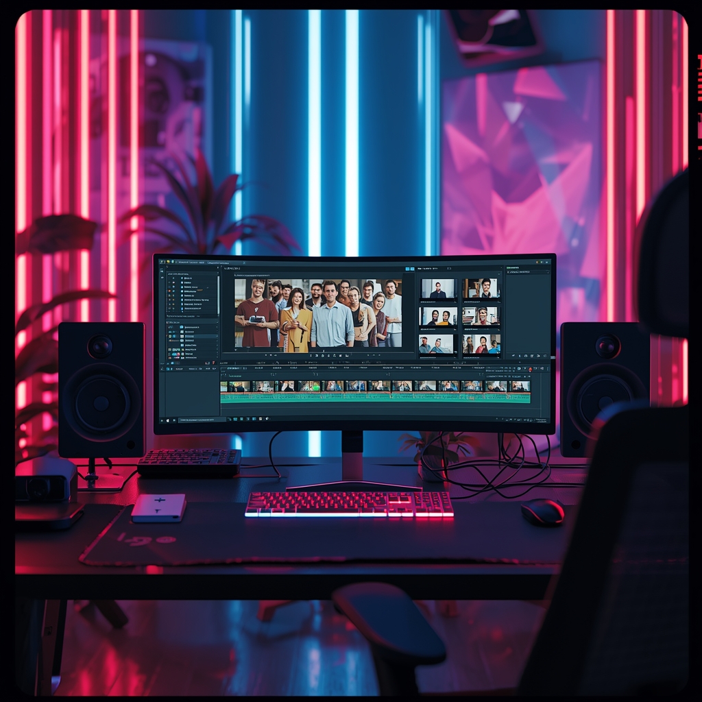 unlock - editor's workspace showing AI software automatically editing video clips, featuring diverse audience demographic ana