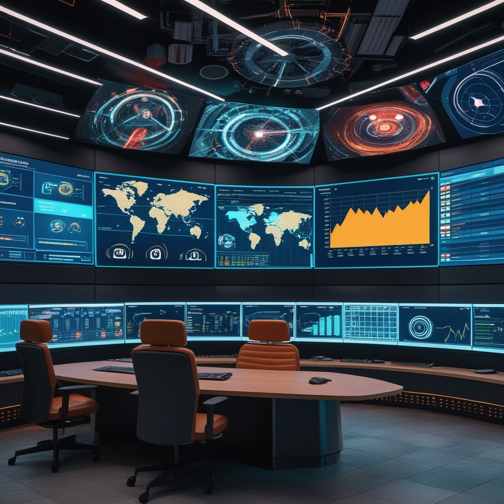 unlock - futuristic control room with multiple screens displaying AI-driven video analytics, interactive graphs, and IoT inte