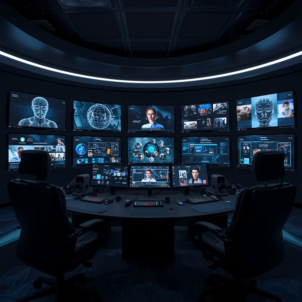 Futuristic control room with multiple screens displaying AI-generated videos, showcasing diverse, personalized content. The room is dimly lit with blue and green ambient lighting, emphasizing a high-tech, innovative atmosphere.