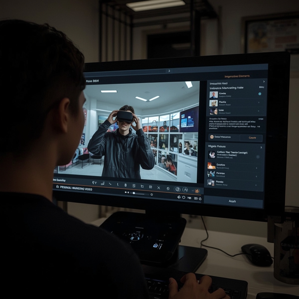 revolutionize - Interactive AI video interface showing a user selecting virtual reality elements to add into a personalized m