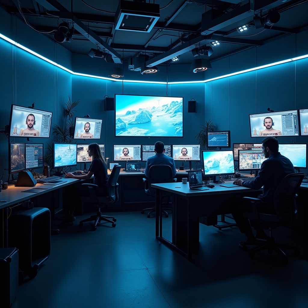 A high-tech video production studio filled with advanced AI tools and screens displaying 3D video editing software, busy professionals refining AI-generated content, a futuristic and creative atmosphere, 8k quality