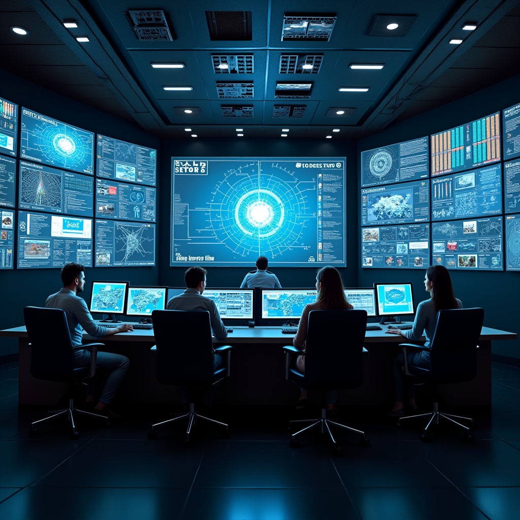 unlocking - Futuristic control room with multiple screens displaying AI algorithms processing data, a diverse team of profess