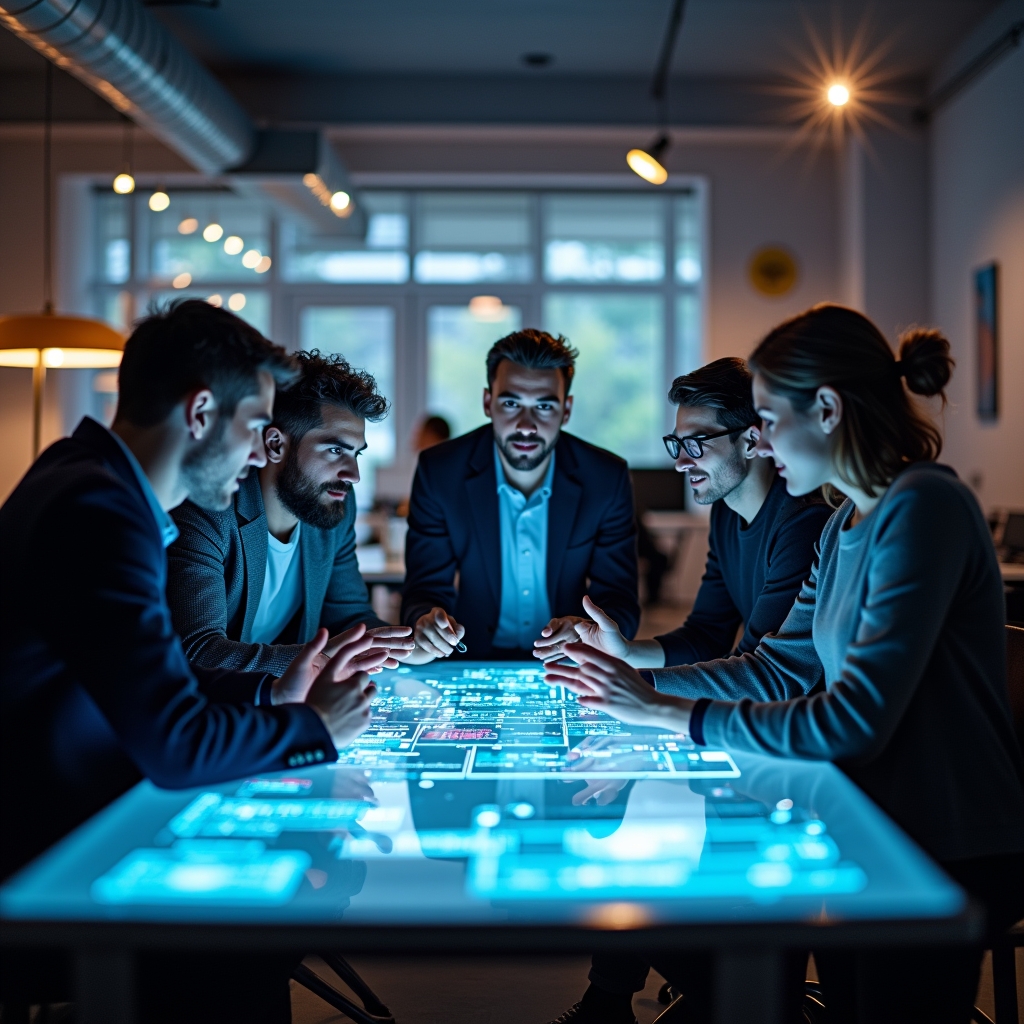 unlocking - Energetic brainstorming session in a modern office, creative professionals gathered around a digital table with A