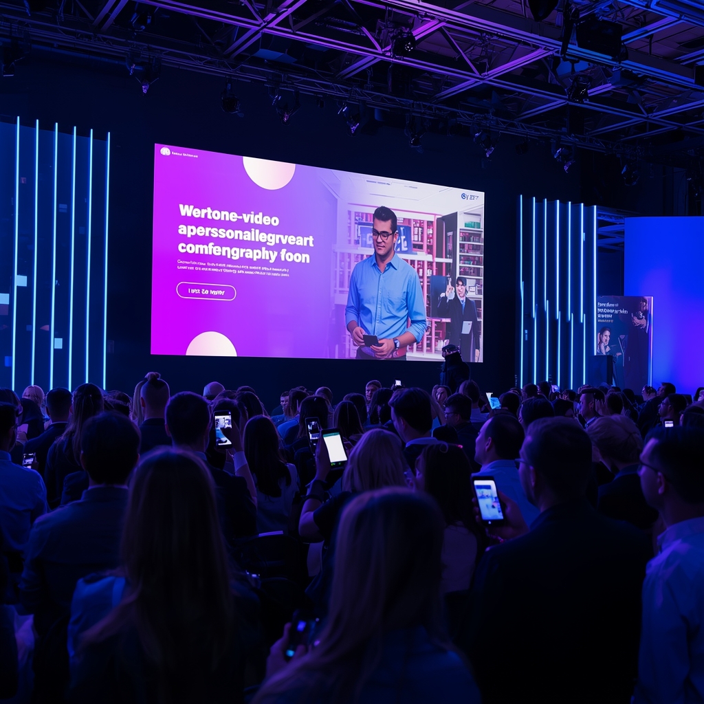 a futuristic digital marketing conference with a large, vivid display showing a personalized video campaign, audience engaged with glowing smart devices, sleek, modern design with blue and purple neon lights, high-tech ambiance