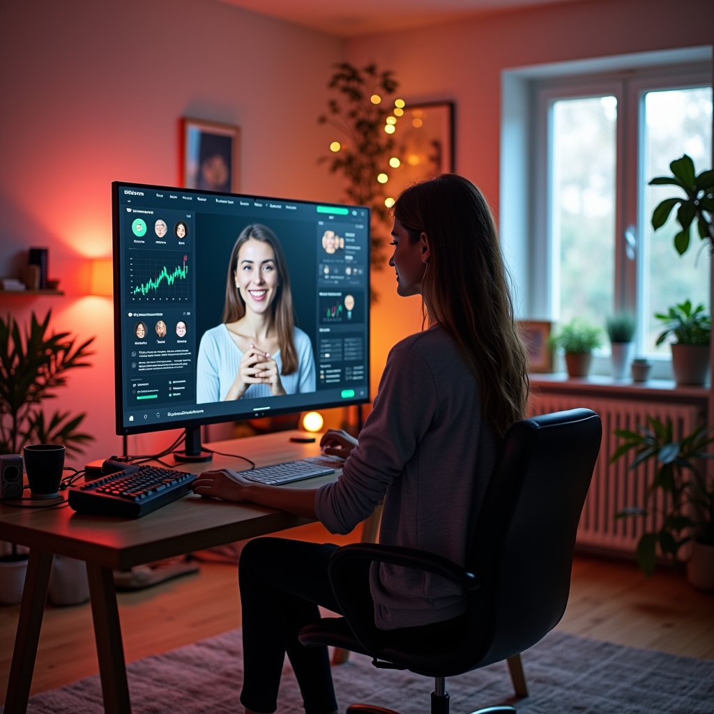 unlocking - an influencer recording a video blog with advanced AI tools, showing screens with analytics and emotion tracking,