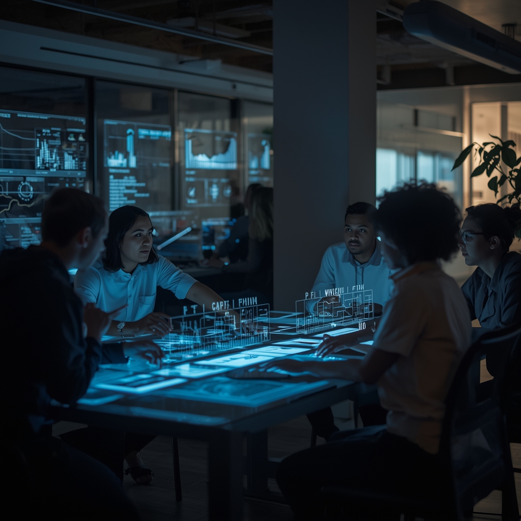 unlocking - a creative team brainstorming around a high-tech table with holograms of video analytics, diverse group, modern o