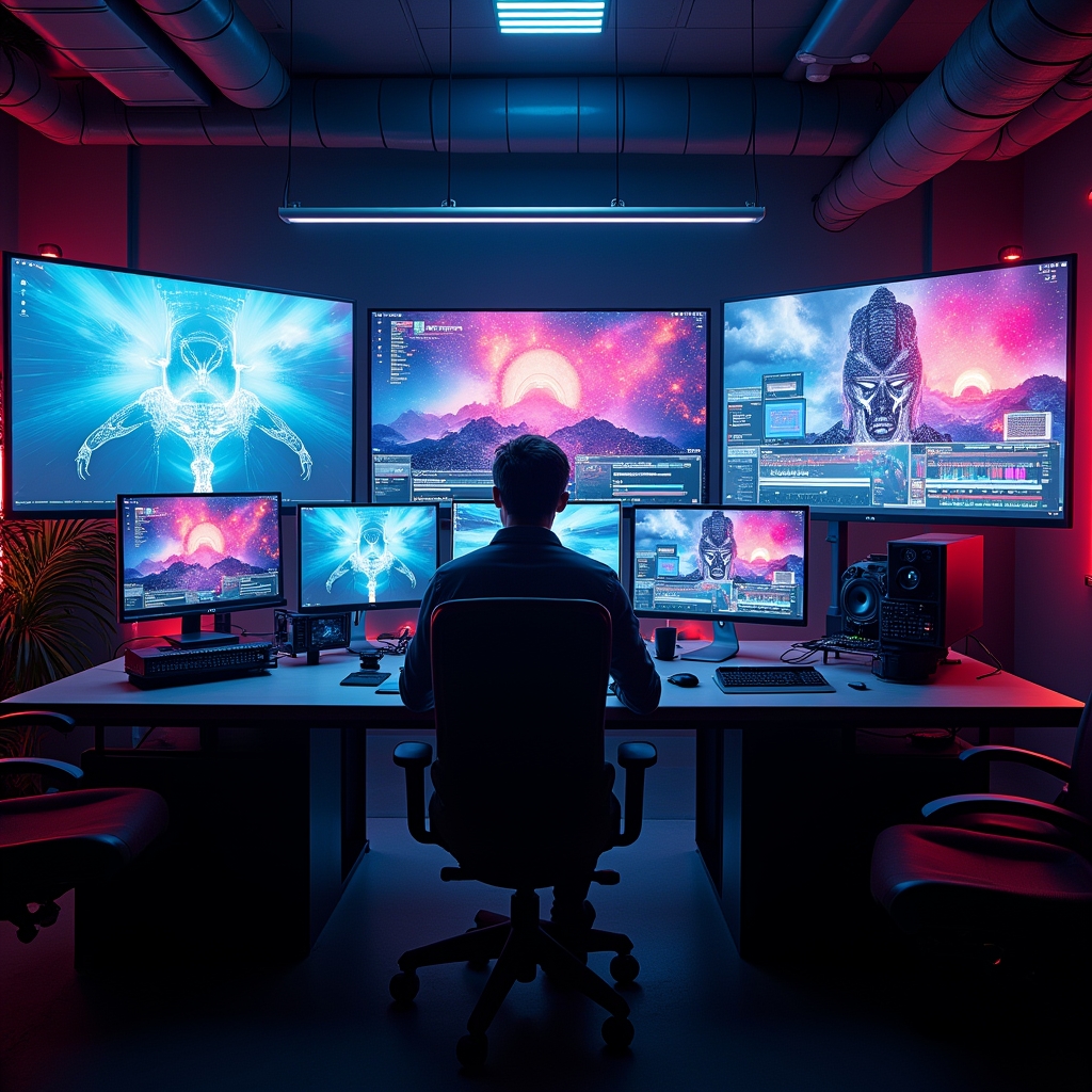 Futuristic video editing studio with multiple screens displaying advanced AI software tools, vibrant color grading, and dynamic motion graphics, busy creative professionals working, ultra-modern, high-tech environment