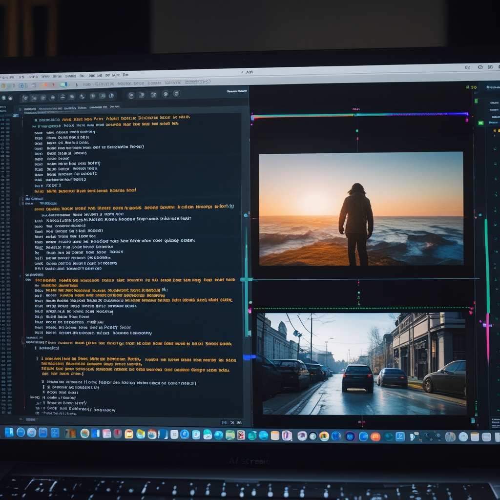 unlocking - AI screen showing script conversion to video, visualizing text as cinematic footage, screen filled with lines of