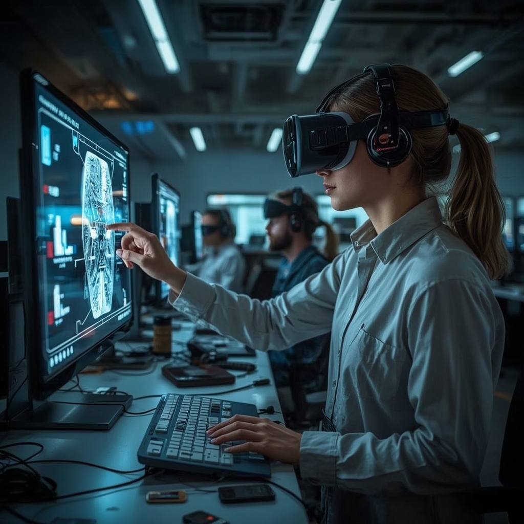 unlocking - Visualization of future AI technologies in video production, featuring 3D holographic displays and virtual realit