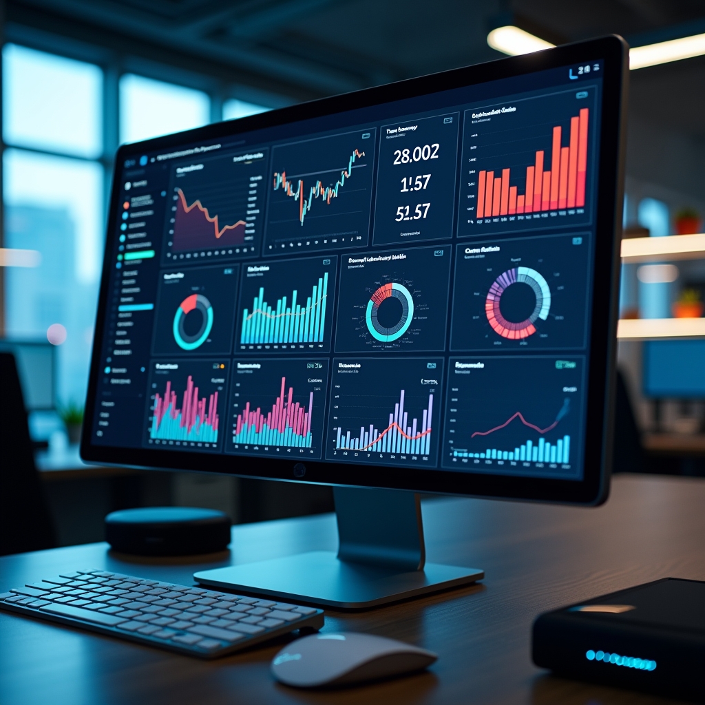 A high-resolution digital dashboard displaying real-time engagement metrics with colorful graphs and data analytics in a sleek, modern office environment