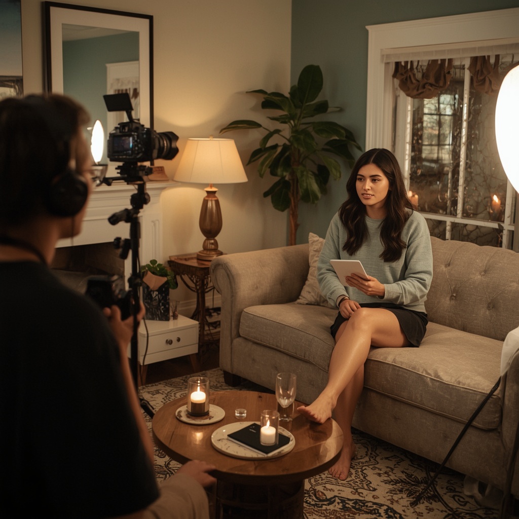 revolutionize - An influencer filming a personalized greeting video in a well-decorated, cozy room, using advanced camera equ