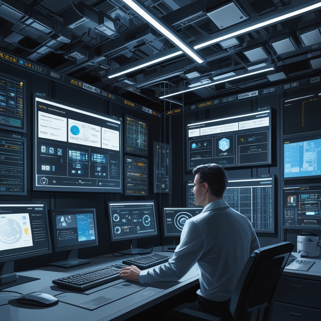 revolutionize - Futuristic control room with multiple screens displaying advanced AI algorithms at work, with operators monit