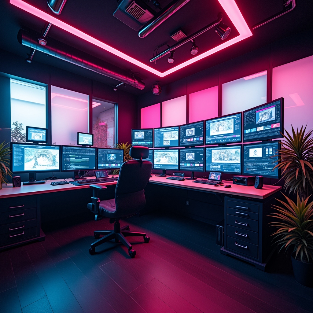 a high-tech video production studio filled with AI screens displaying various editing tools, vibrant colors dominate the room, showcasing an energetic and cutting-edge environment
