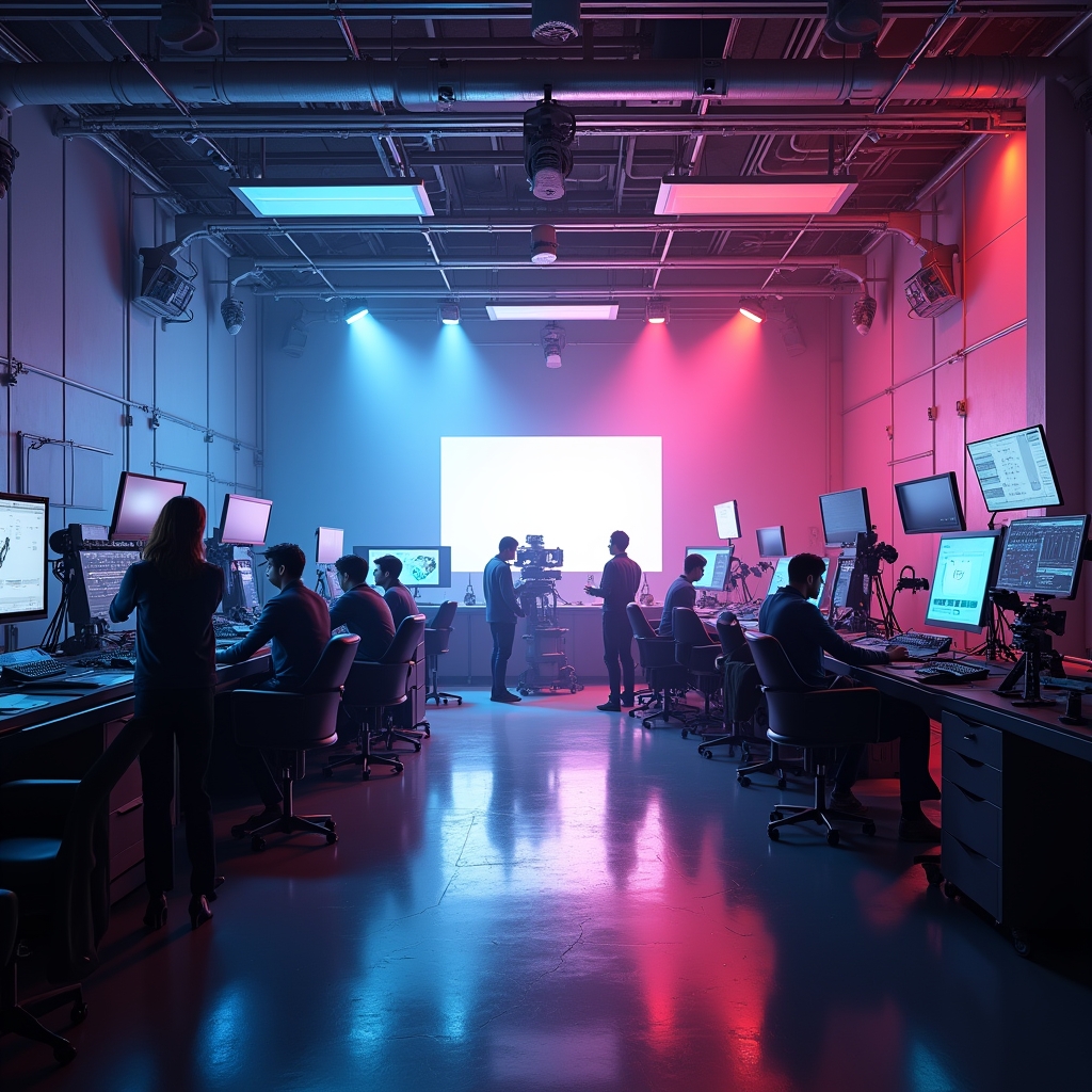 A high-tech film studio, equipped with advanced AI-driven tools such as Cineocean and Runway, showcasing filmmakers and VFX artists working on a futuristic movie scene, vibrant colors, dynamic lighting, 8k quality