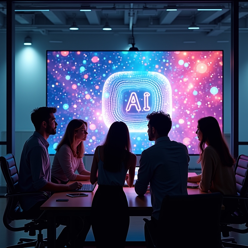 unlocking - A creative team brainstorming around a digital screen displaying an AI-generated video, vibrant and engaging, sho
