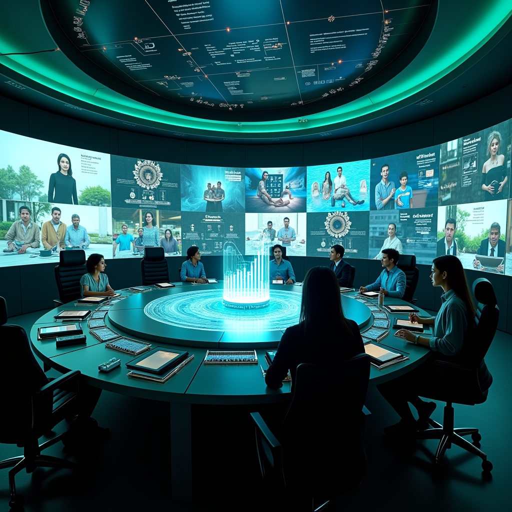 Futuristic control room with multiple screens displaying AI-generated videos, showing diverse, dynamic brand stories. The room is bathed in soft blue and green lights, enhancing the high-tech ambiance, with a central holographic display showcasing real-time analytics.
