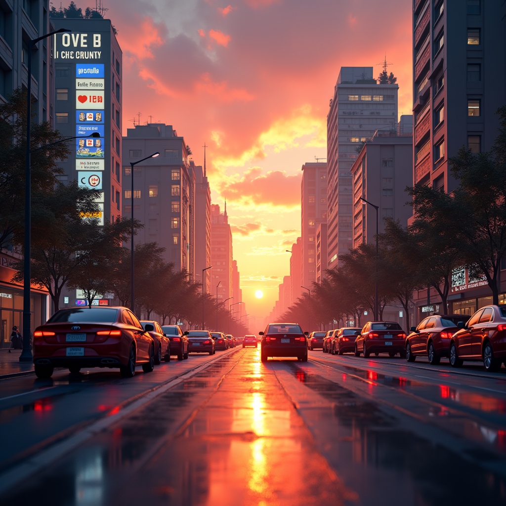revolutionizing - An ultra-realistic AI-generated video scene showing a bustling cityscape at sunset, with dynamic lighting a