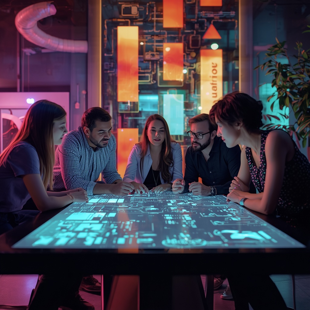 revolutionizing - A creative team brainstorming around a digital table with AI-generated interactive video content, illustrat