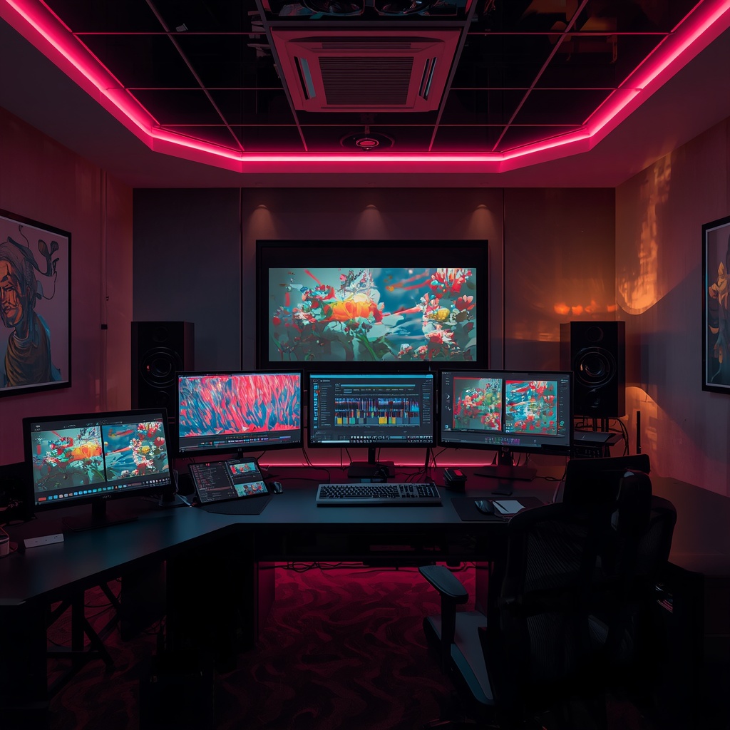 unlocking - an editing suite with multiple monitors displaying various AI-driven video effects, from color correction to anim